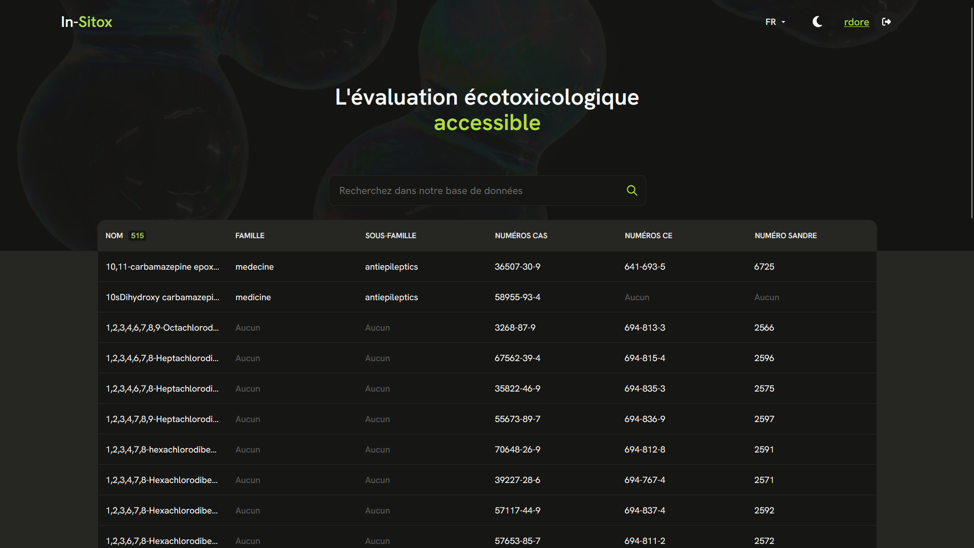 Capture d'écran de la page de l'annuaire des molécules (version sombre)