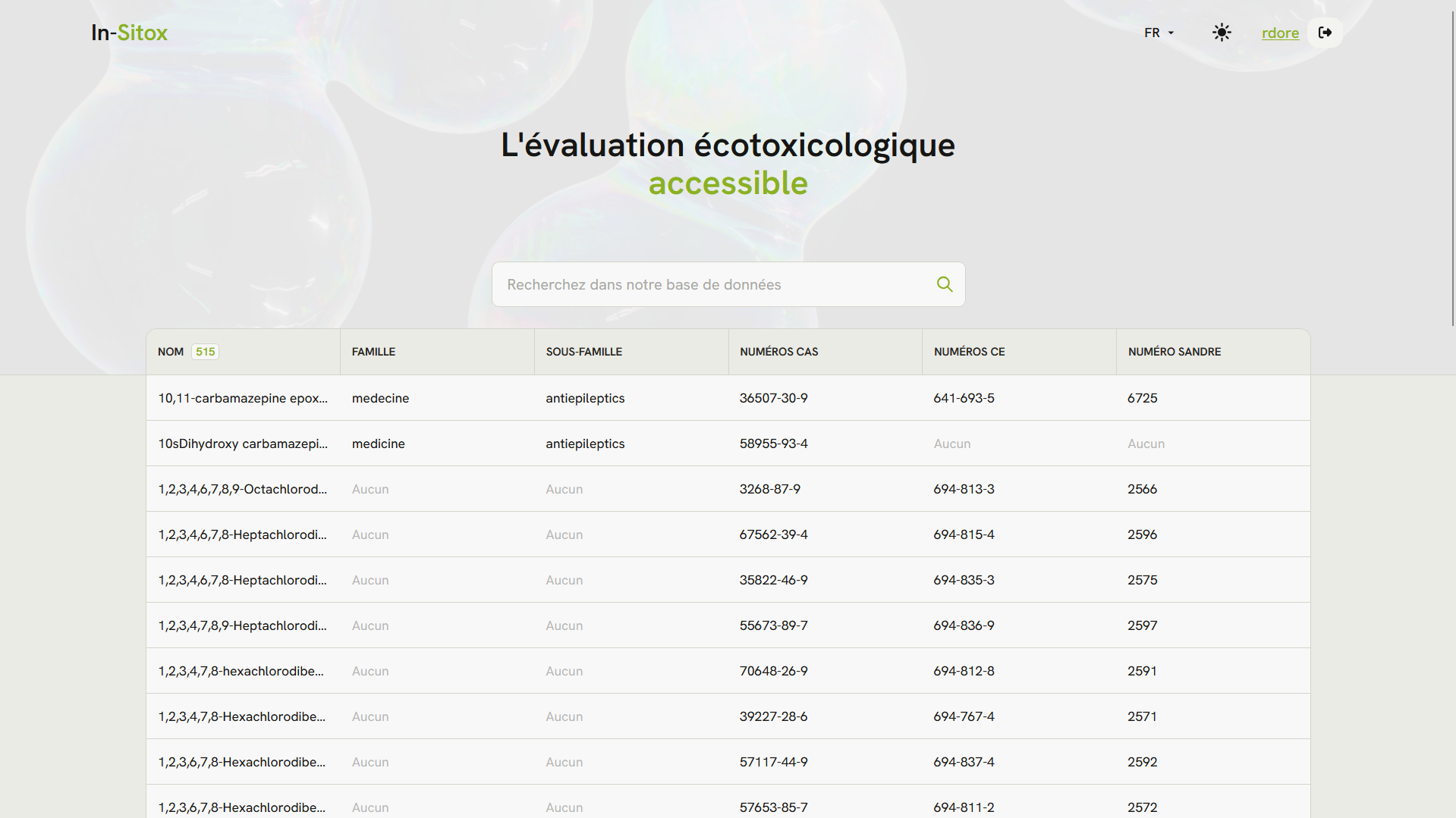 Capture d'écran de la page de l'annuaire des molécules